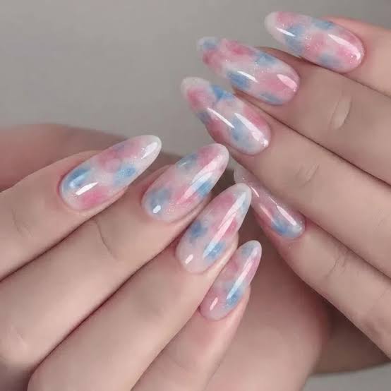Medium Almond Soft Pink Light Blue White Shimmer Nails — Abstract Watercolor Nails 2027