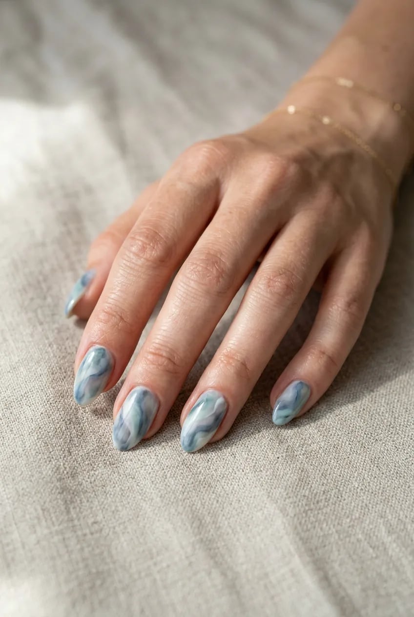 Medium Oval Pastel Blue Green Yellow Pink Shimmer Nails — Abstract Watercolor Nails 2027