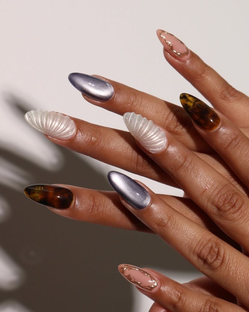 Long Almond Nails With Cat-Eye and Shell Accents Long Almond Nails With Cat-Eye and Shell Accents — Almond Nails 2027 for Fat Fingers