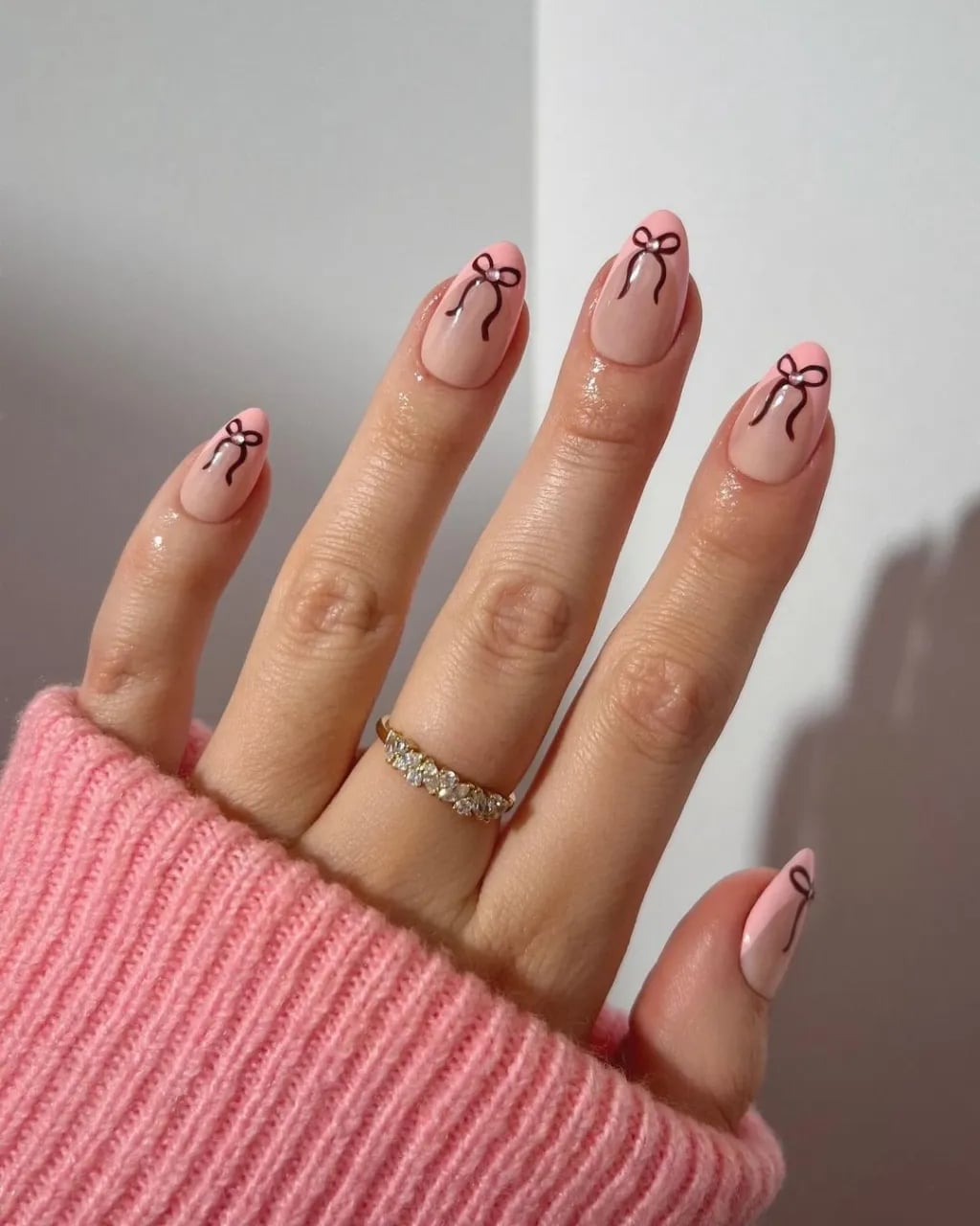 Medium Almond Pink With Brown Bow French Tips Medium Almond Pink With Brown Bow French Tips — Almond Nails 2027 for Fat Fingers