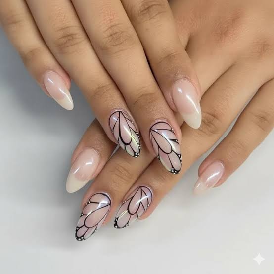 Medium Almond Nude With Butterfly Wing Art Medium Almond Nude With Butterfly Wing Art — Almond Nails 2027 for Fat Fingers