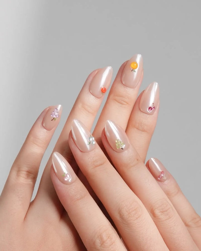 Medium Almond Pearlescent With Charms Medium Almond Pearlescent With Charms — Almond Nails 2027 for Fat Fingers