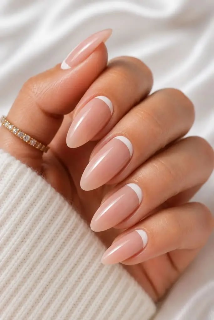 Medium Almond Nude With Clean White French Tip Medium Almond Nude With Clean White French Tip — Almond Nails 2027 for Fat Fingers