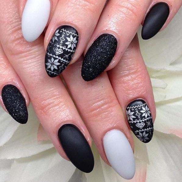 Medium Almond Matte and Glitter Black With Fair Isle Medium Almond Matte and Glitter Black With Fair Isle — Almond Nails 2027 for Fat Fingers