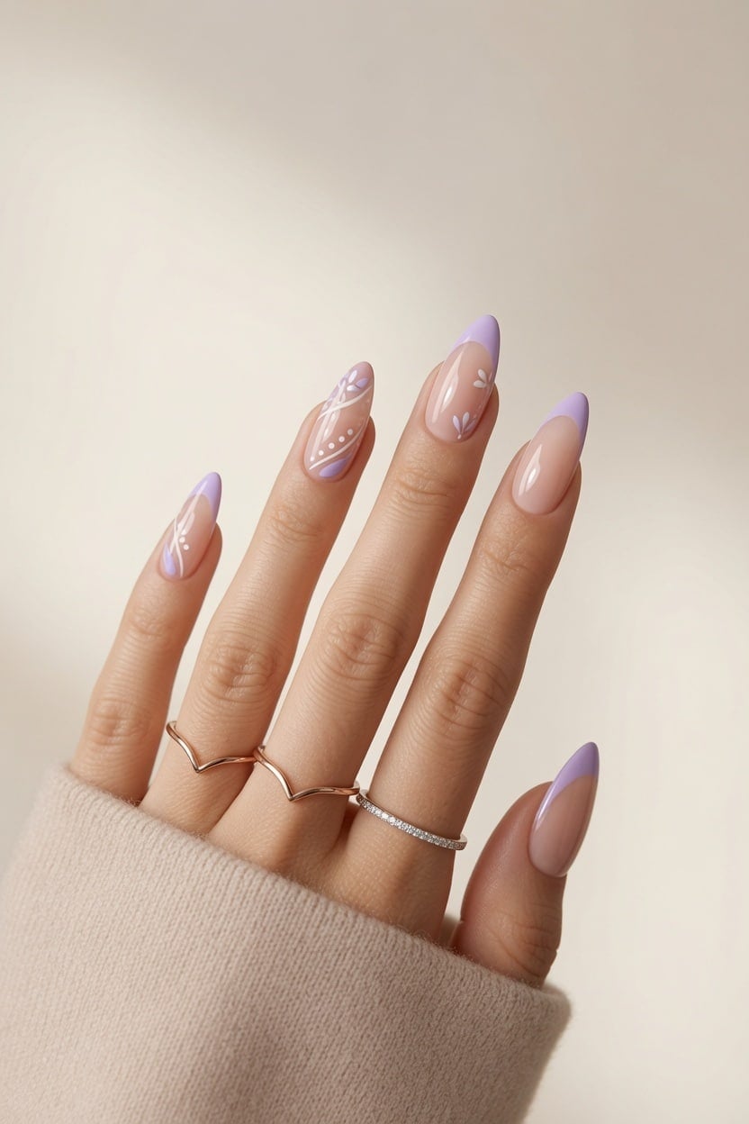 Medium Almond French With Lilac Tips and Floral Art Medium Almond French With Lilac Tips and Floral Art — Almond Nails 2027 for Fat Fingers