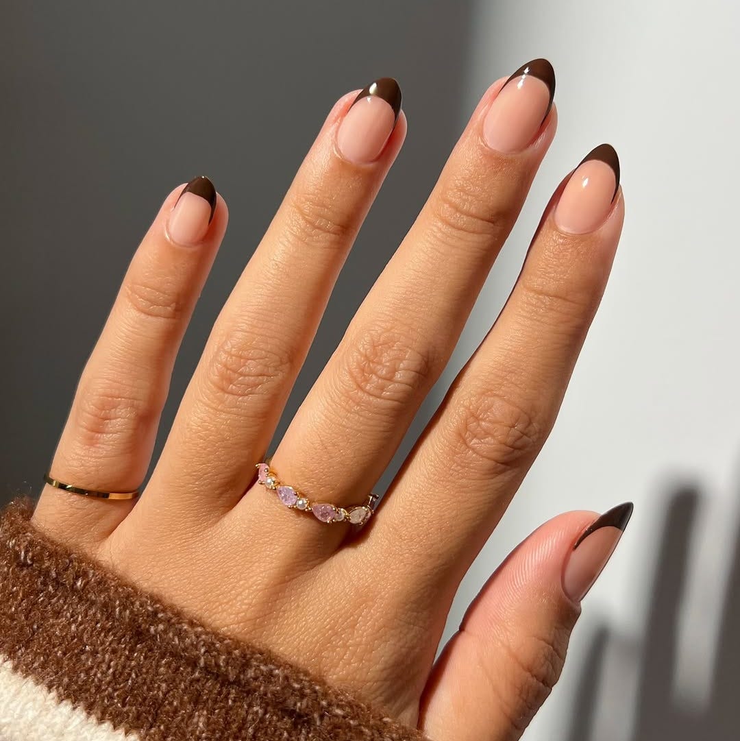 Long Almond Classic French Brown Tip Long Almond Classic French Brown Tip — Almond Nails 2027 for Fat Fingers