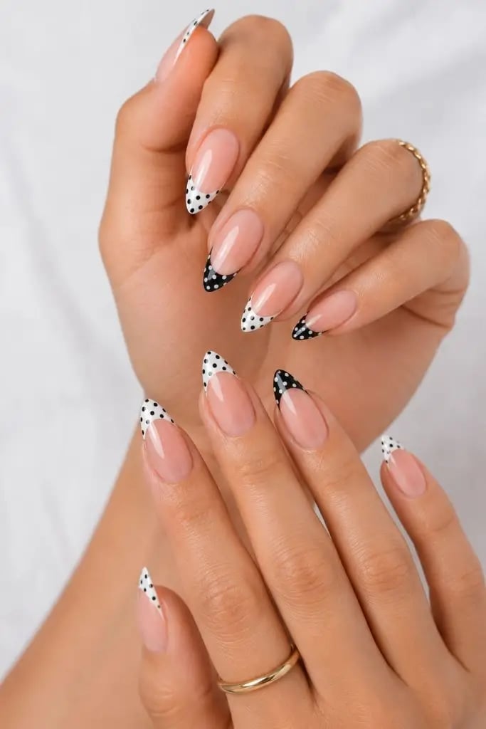 Medium Almond Polka Dot French Tips Medium Almond Polka Dot French Tips — Almond Nails 2027 for Fat Fingers