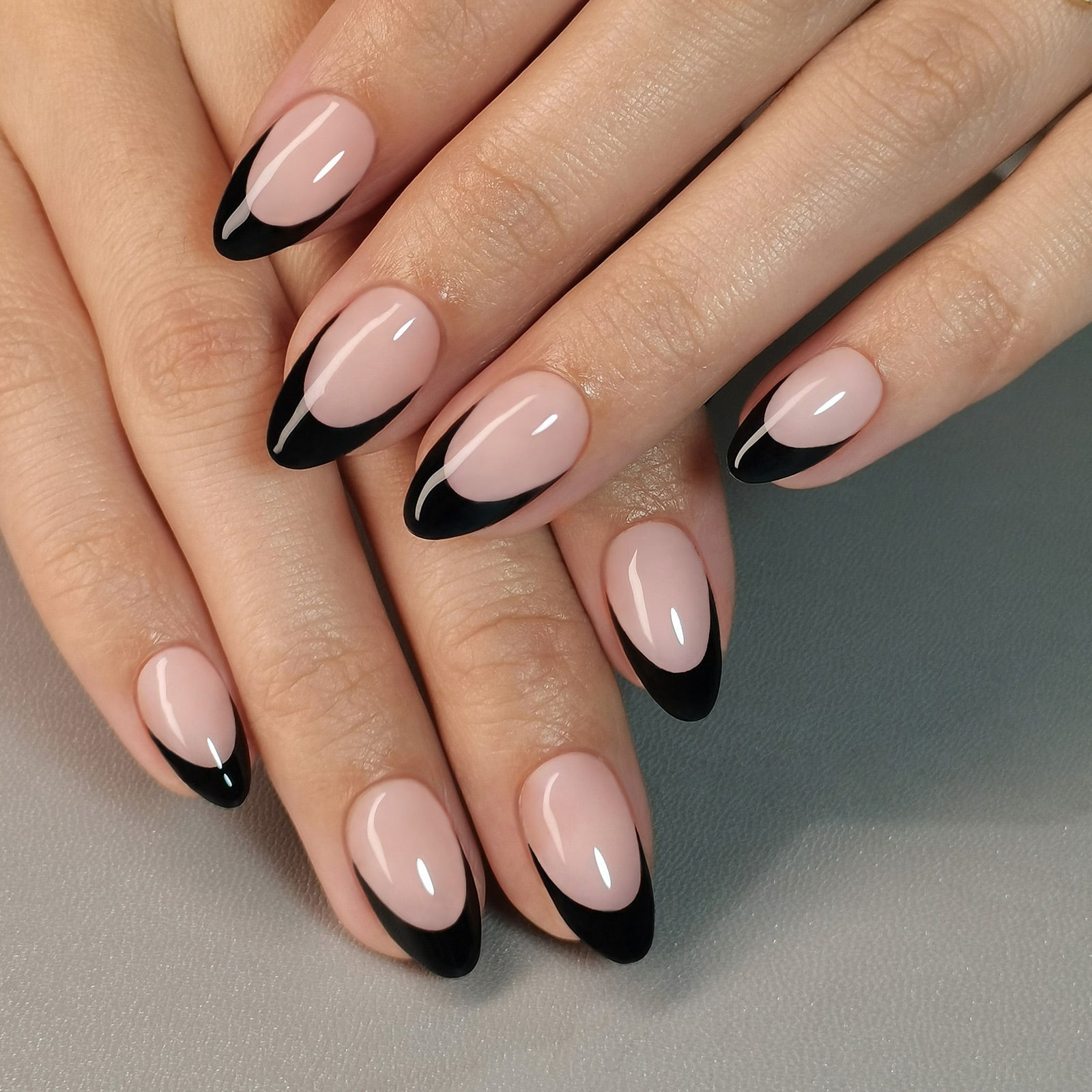 Black French Tip Short Almond Nails, Sheer Nude Base Black French Tip Short Almond Nails, Sheer Nude Base — Almond Nails 2027 for Short Nail Beds