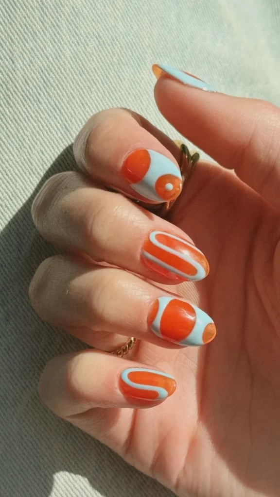 Abstract Orange and Blue Almond Nails Abstract Orange and Blue Almond Nails — Almond Nails 2027 for Short Nail Beds