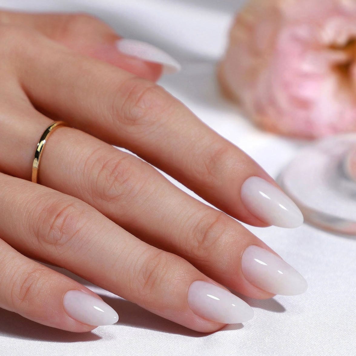 Milky White Almond Nails with Pearl Accents Milky White Almond Nails with Pearl Accents — Almond Nails 2027 for Short Nail Beds