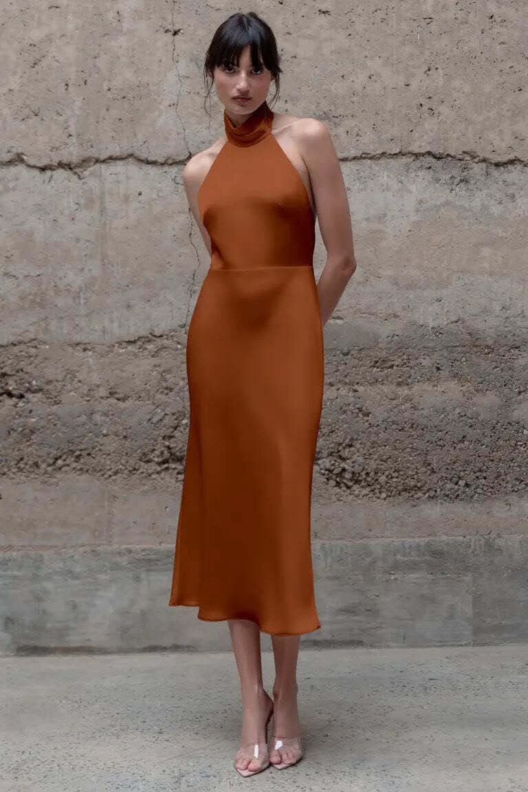 Burnt orange satin halter neck fitted midi dress Burnt orange satin halter neck fitted midi dress — Bachelorette Dress 2027 for Guest