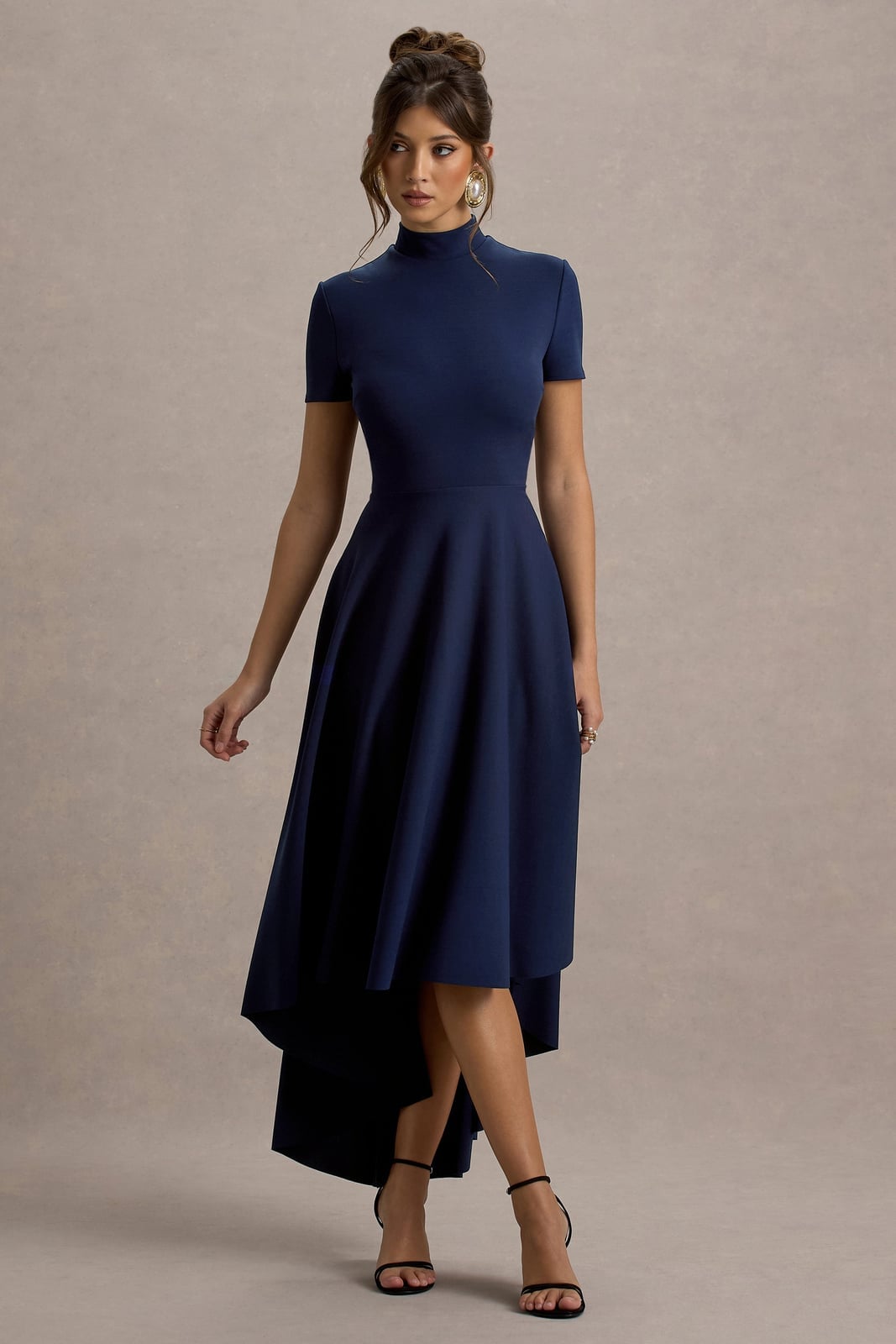 Navy blue crepe high neck short sleeve fit and flare dress Navy blue crepe high neck short sleeve fit and flare dress — Bachelorette Dress 2027 for Guest
