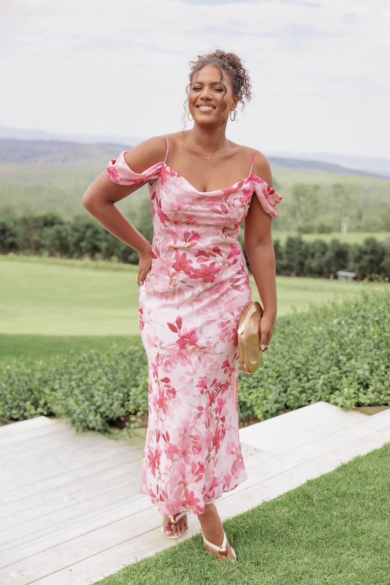 Pink floral print midi dress with cold shoulder Pink floral print midi dress with cold shoulder — Bachelorette Dress 2027 for Guest