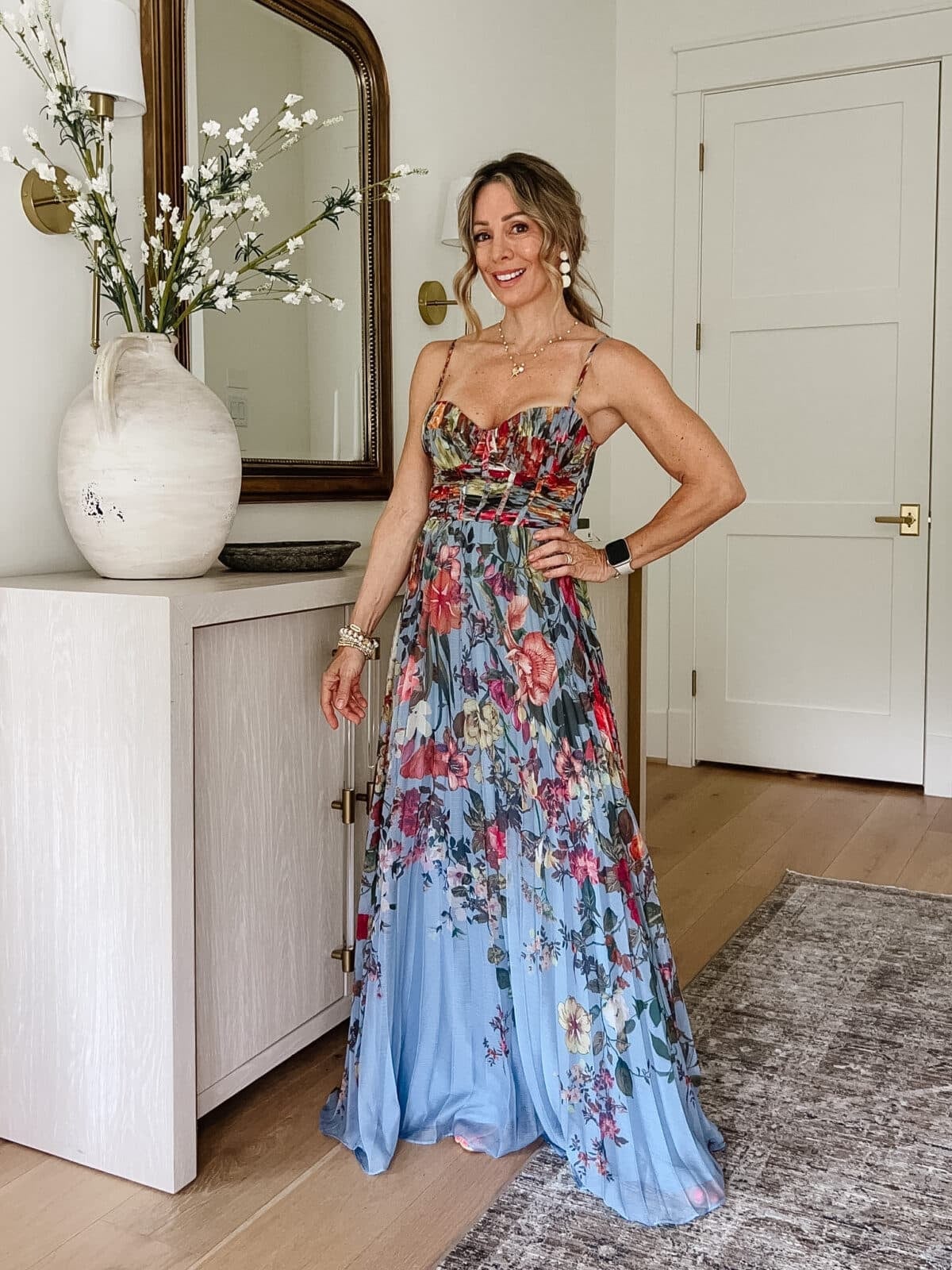 Blue and pink floral maxi dress with empire waist Blue and pink floral maxi dress with empire waist — Bachelorette Dress 2027 for Guest