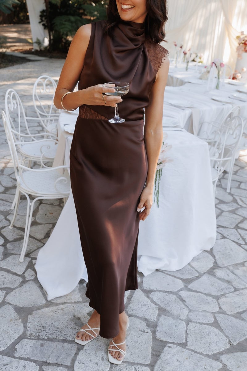 Dark brown satin column dress with cowl neck and lace trim Dark brown satin column dress with cowl neck and lace trim — Bachelorette Dress 2027 for Guest