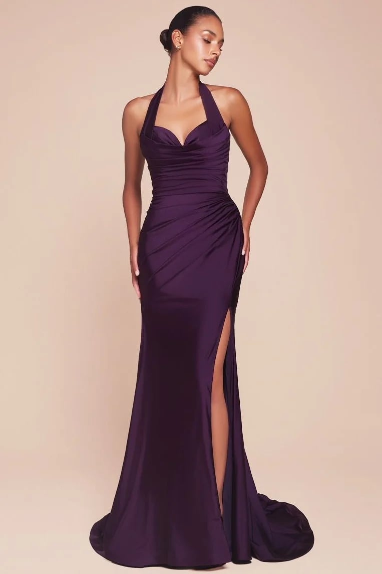 Purple satin halter neck fitted gown with high slit Purple satin halter neck fitted gown with high slit — Bachelorette Dress 2027 for Guest