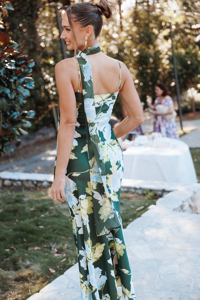 Green satin floral print column dress with tie neckline Green satin floral print column dress with tie neckline — Bachelorette Dress 2027 for Guest