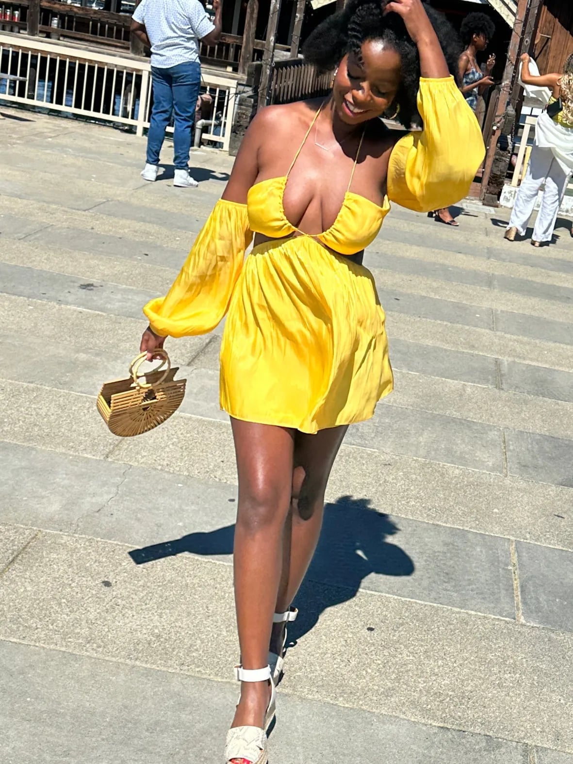 Yellow mini dress with cut-outs and voluminous chiffon sleeves Yellow mini dress with cut-outs and voluminous chiffon sleeves — Bachelorette Dress 2027 for Guest