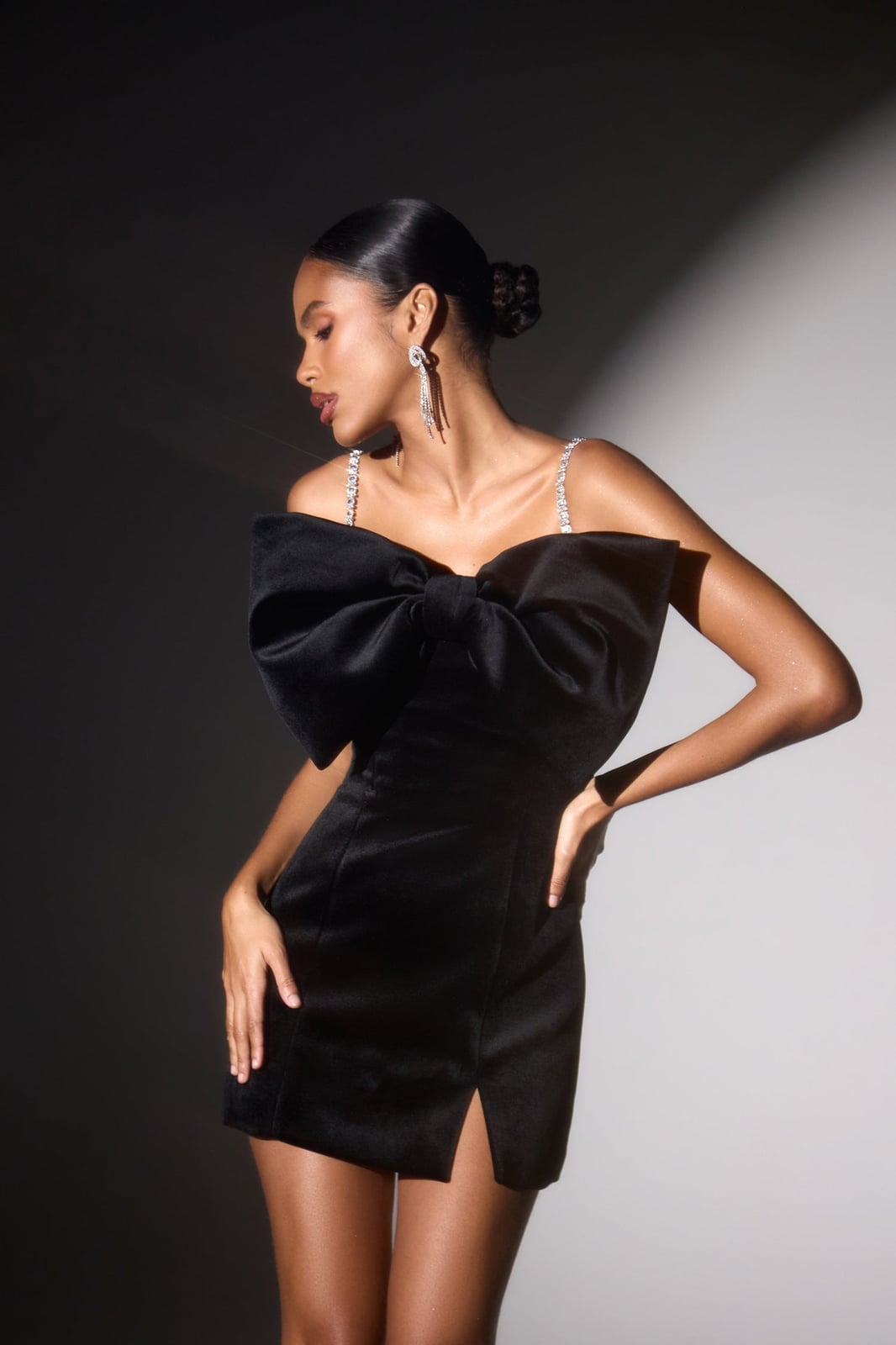 Black velvet off-the-shoulder mini dress with oversized bow Black velvet off-the-shoulder mini dress with oversized bow — Bachelorette Dress 2027 for Guest