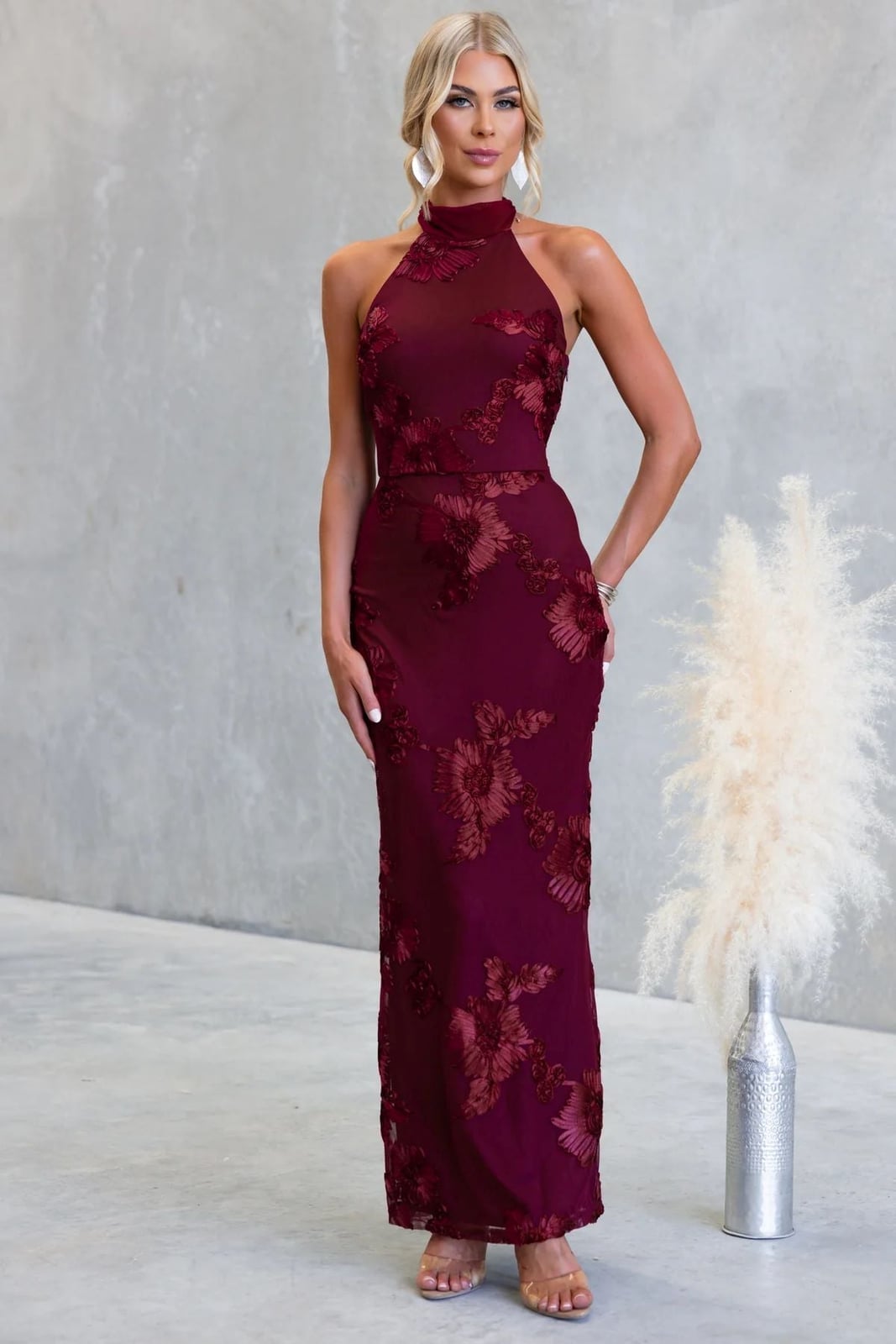 Burgundy lace halter neck maxi dress Burgundy lace halter neck maxi dress — Bachelorette Dress 2027 for Guest