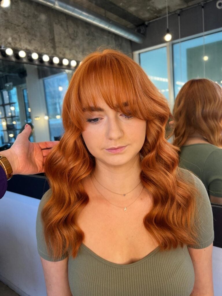 Bright Copper Balayage Collarbone Length With Bangs Bright Copper Balayage Collarbone Length With Bangs — Balayage on Red Hair 2027