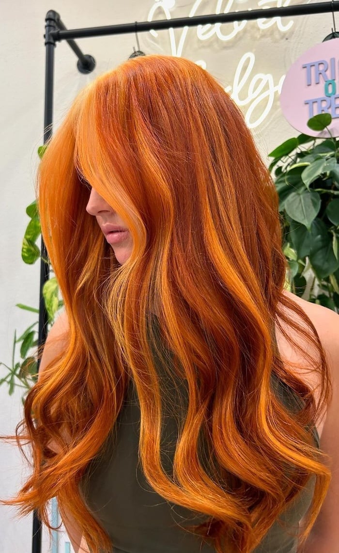 Bright Copper Balayage With Curtain Bangs Bright Copper Balayage With Curtain Bangs — Balayage on Red Hair 2027