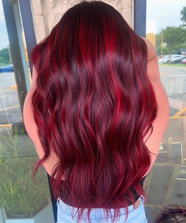 Vibrant Crimson Red Balayage With Dimension Vibrant Crimson Red Balayage With Dimension — Balayage on Red Hair 2027
