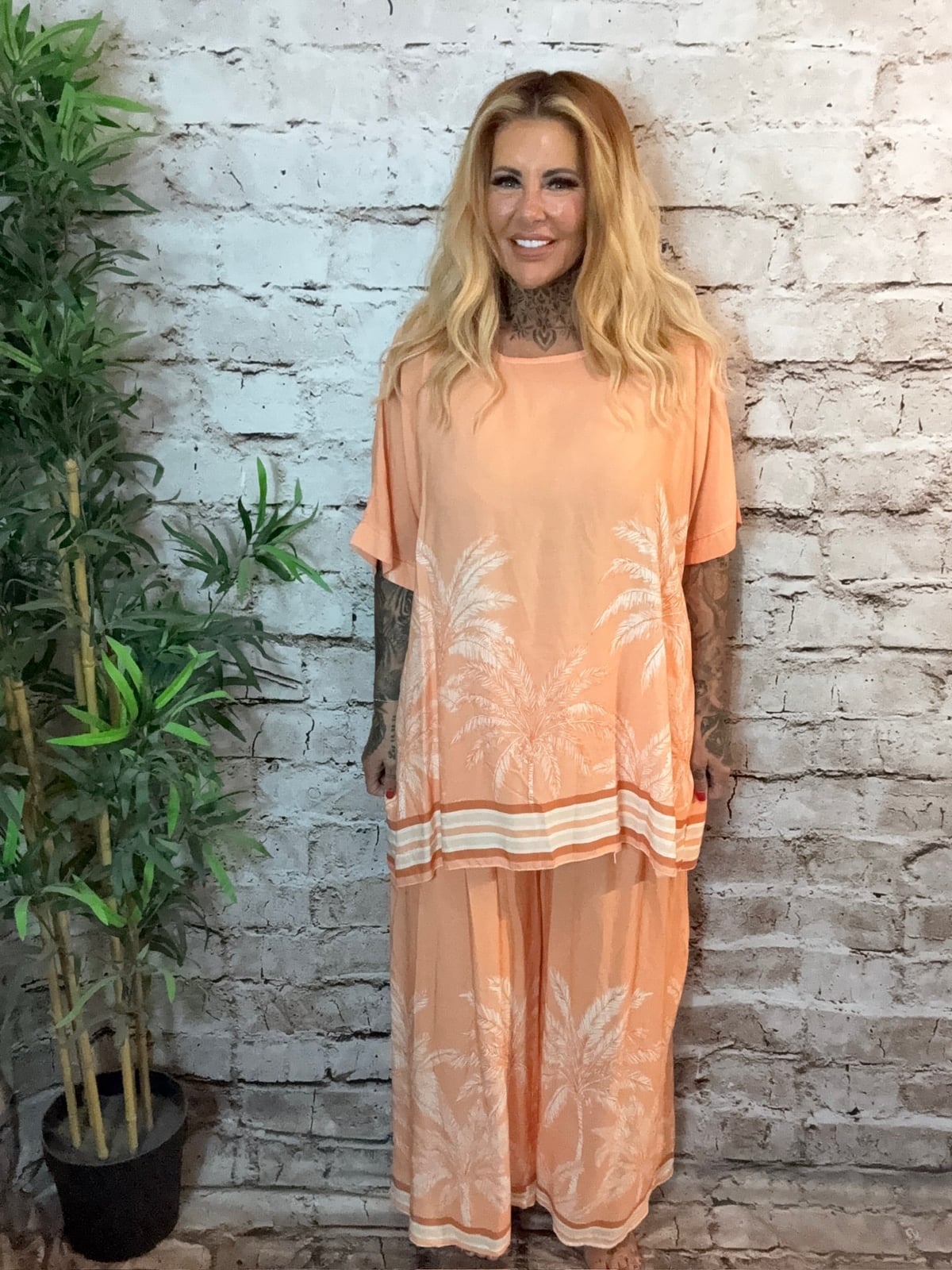Peach palm print set for resort wear Bali Outfits 2027