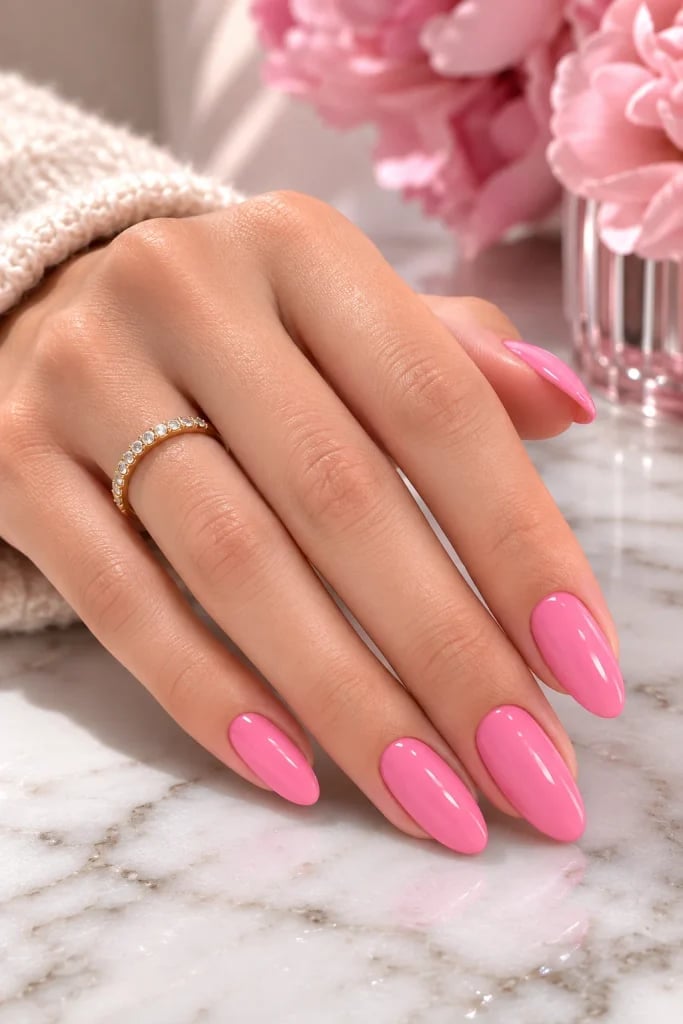Classic Glossy Medium Pink Almond Nails Classic Glossy Medium Pink Almond Nails — Barbie Pink Nails 2027
