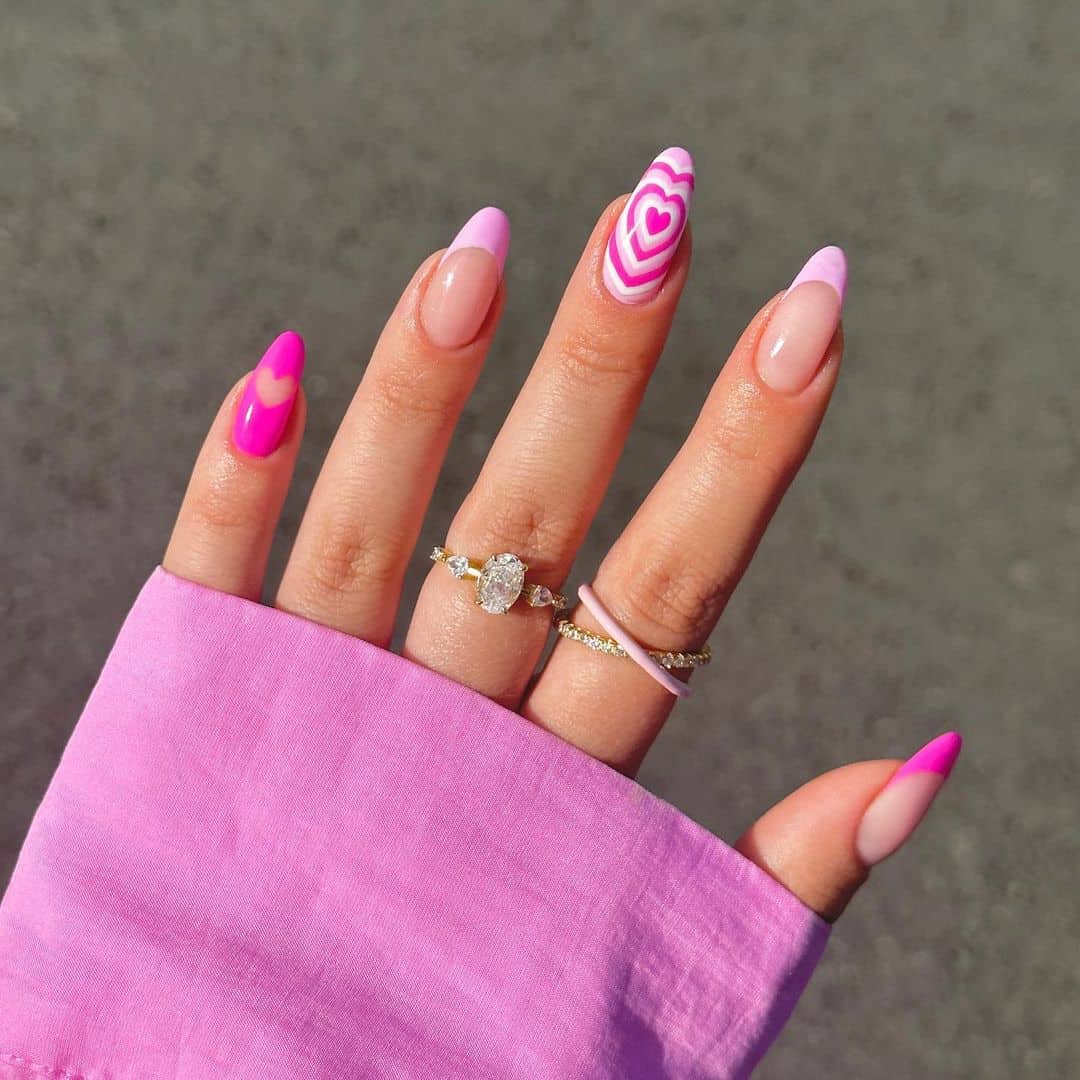 Medium Almond Pink French Tips Heart Motif Medium Almond Pink French Tips Heart Motif — Barbie Pink Nails 2027