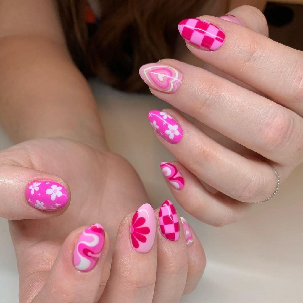 Medium Almond Playful Pink and White Designs Medium Almond Playful Pink and White Designs — Barbie Pink Nails 2027