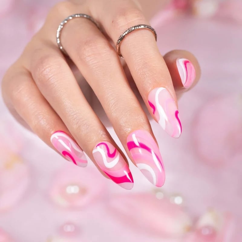 Medium Almond Pink Marble Swirls Medium Almond Pink Marble Swirls — Barbie Pink Nails 2027