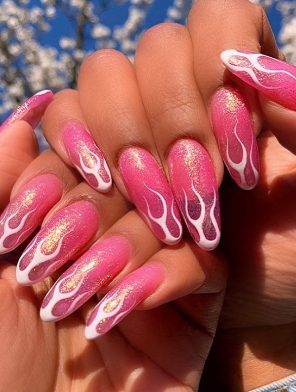 Long Stiletto Bright Pink Glitter Flame Design Long Stiletto Bright Pink Glitter Flame Design — Barbie Pink Nails 2027