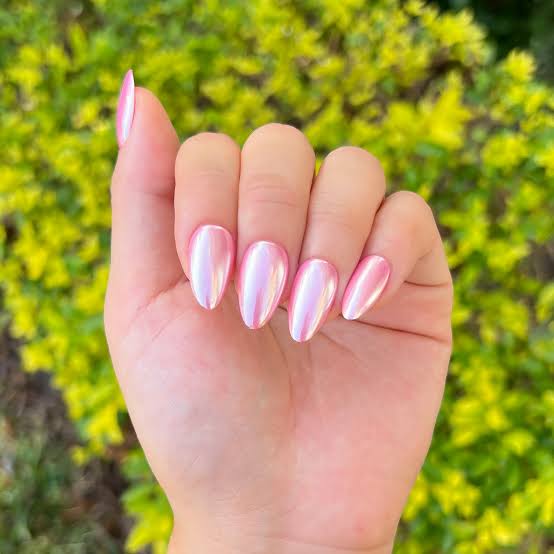 Medium Almond Light Pink Pearlescent Chrome Medium Almond Light Pink Pearlescent Chrome — Barbie Pink Nails 2027