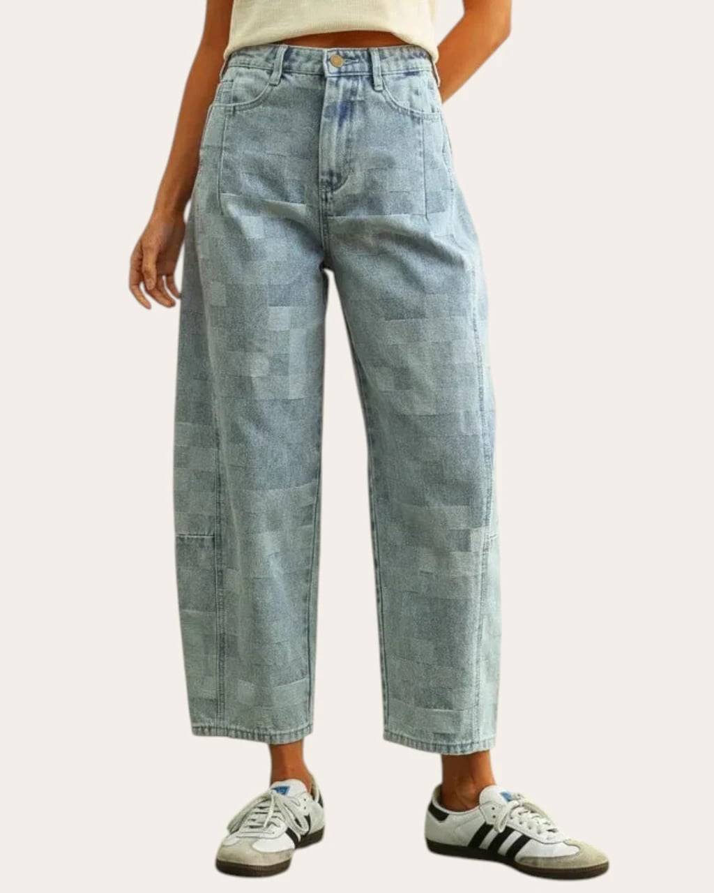 Checkerboard barrel jeans with white sneakers, Light Blue Checkerboard barrel jeans with white sneakers, Light Blue — Barrel Jeans 2027