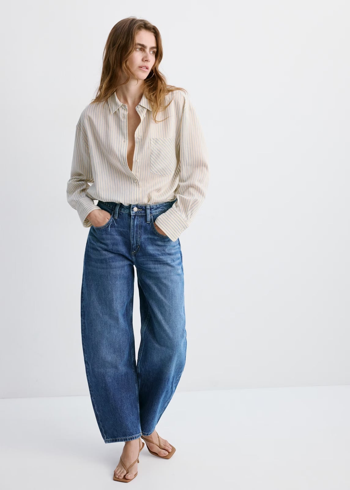 Dark wash barrel jeans with a striped shirt Dark wash barrel jeans with a striped shirt — Barrel Jeans 2027