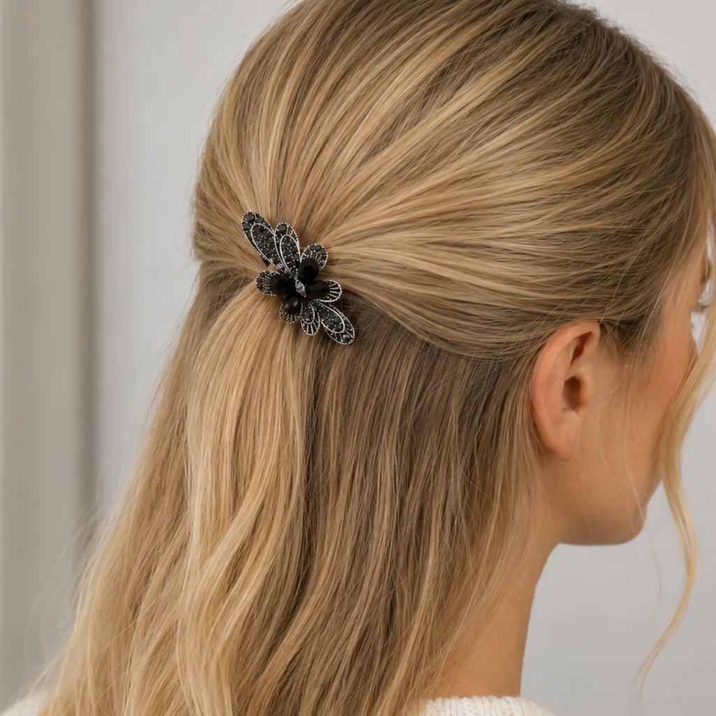 Mid-Back Blonde Half Up Black Floral Barrette, Wavy — Barrette Hair Clip Hairstyles 2027