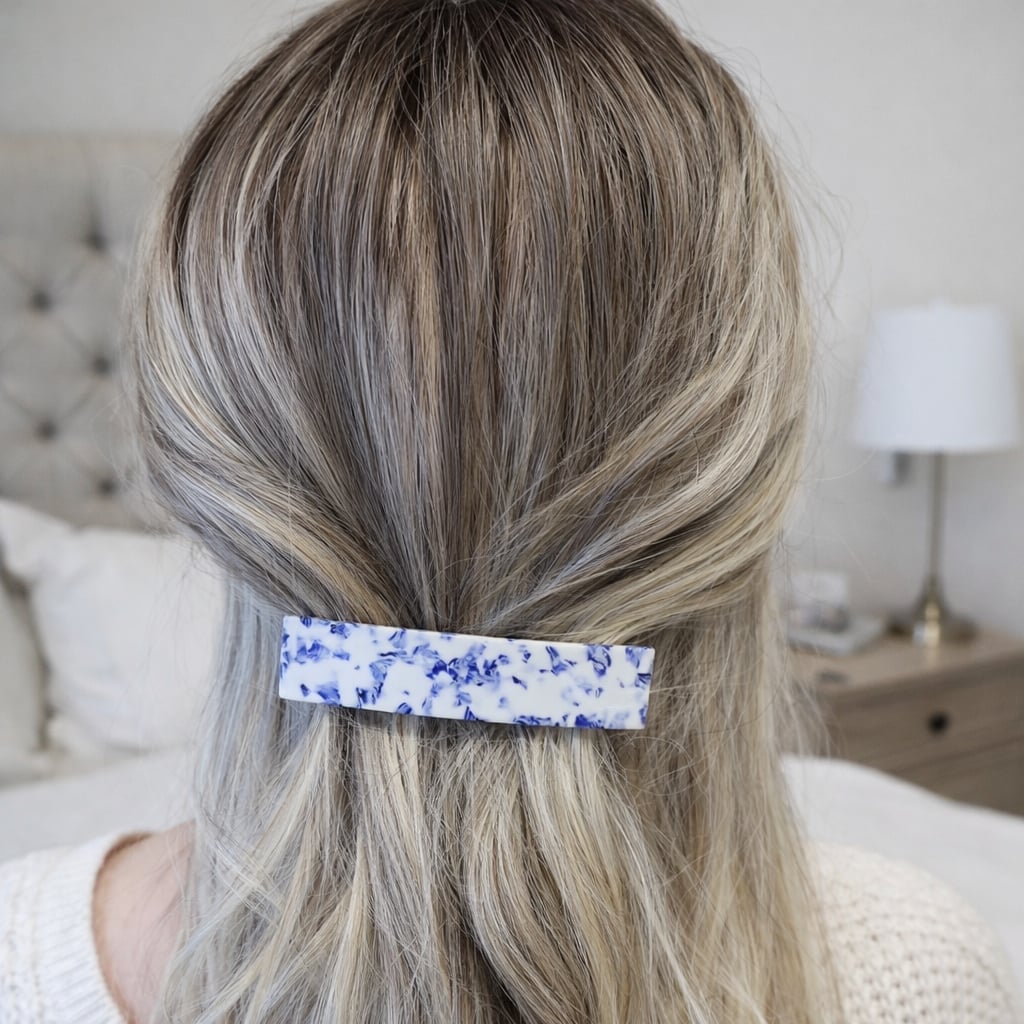 Mid-Back Blonde Ash Highlights Half Up Blue Marble Barrette — Barrette Hair Clip Hairstyles 2027