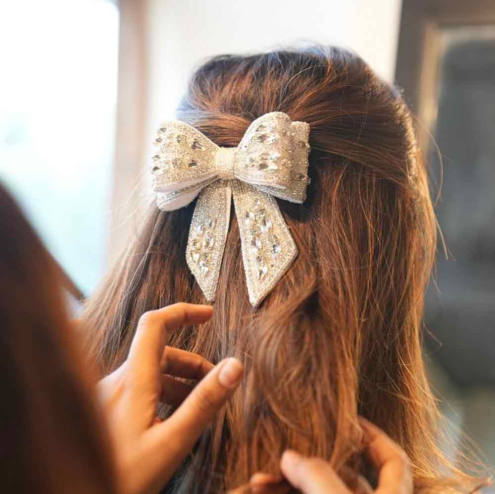 Mid-Back Brown Half Up Crystal Bow Barrette — Barrette Hair Clip Hairstyles 2027
