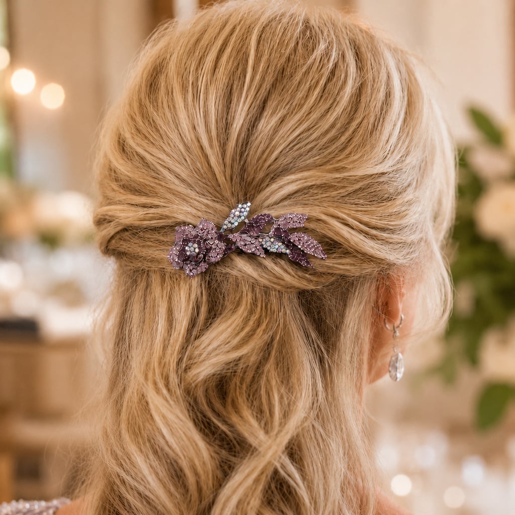 Mid-Back Blonde Half Up Floral Barrette, Office-Safe Version — Barrette Hair Clip Hairstyles 2027