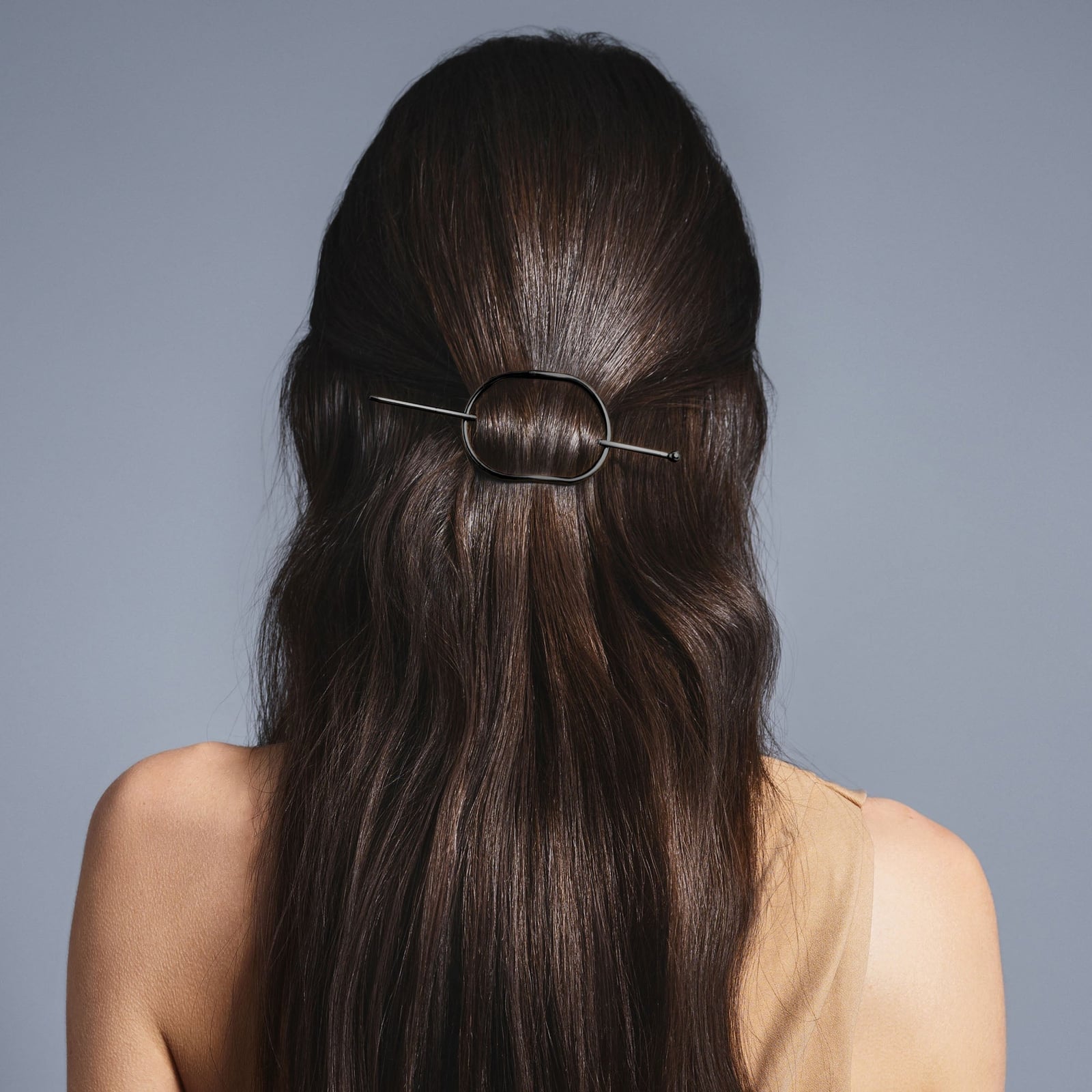 Mid-Back Dark Brown Half Up Gunmetal Slide, Wavy — Barrette Hair Clip Hairstyles 2027