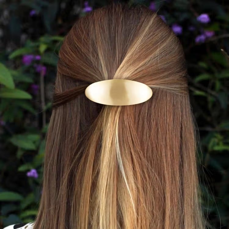 Mid-Back Brown Half Up Gold Barrette, Low-Key Version — Barrette Hair Clip Hairstyles 2027