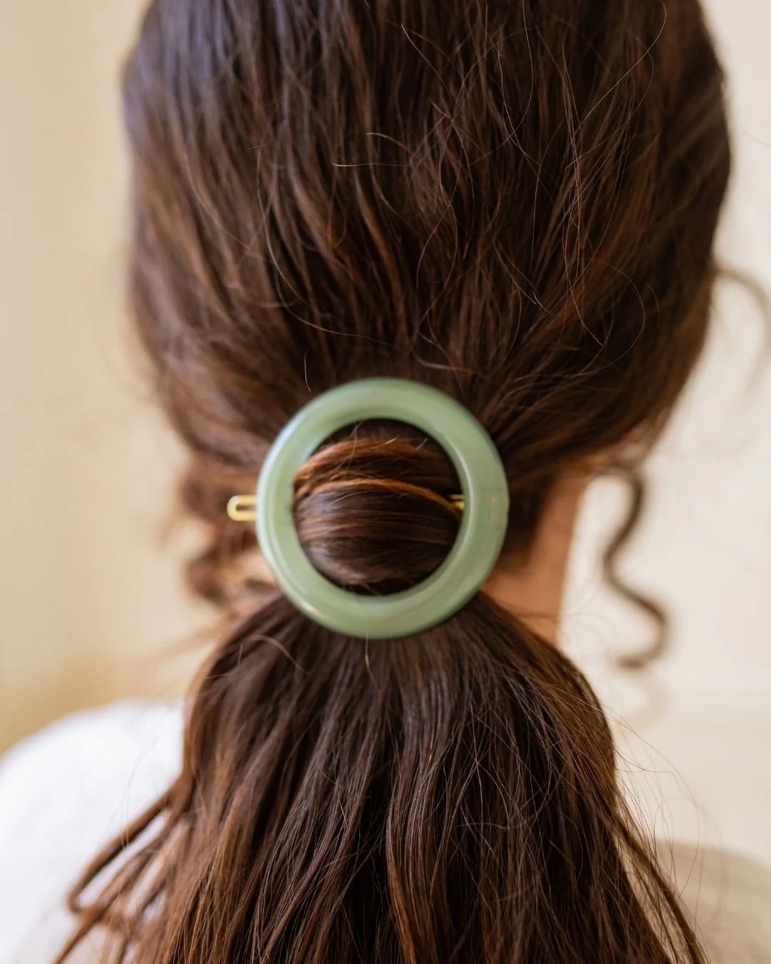 Mid-Back Dark Brown Ponytail Green Barrette, Close-Up Take — Barrette Hair Clip Hairstyles 2027