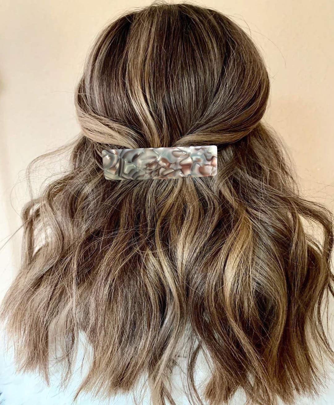 Mid-Back Brown Highlights Half Up Geometric Barrette, Wavy — Barrette Hair Clip Hairstyles 2027