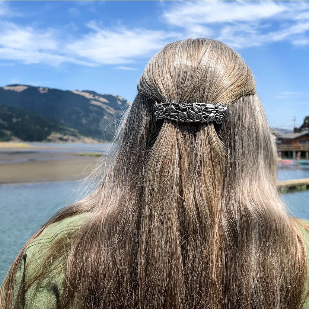 Mid-Back Gray Half Up Ornate Metal Barrette — Barrette Hair Clip Hairstyles 2027