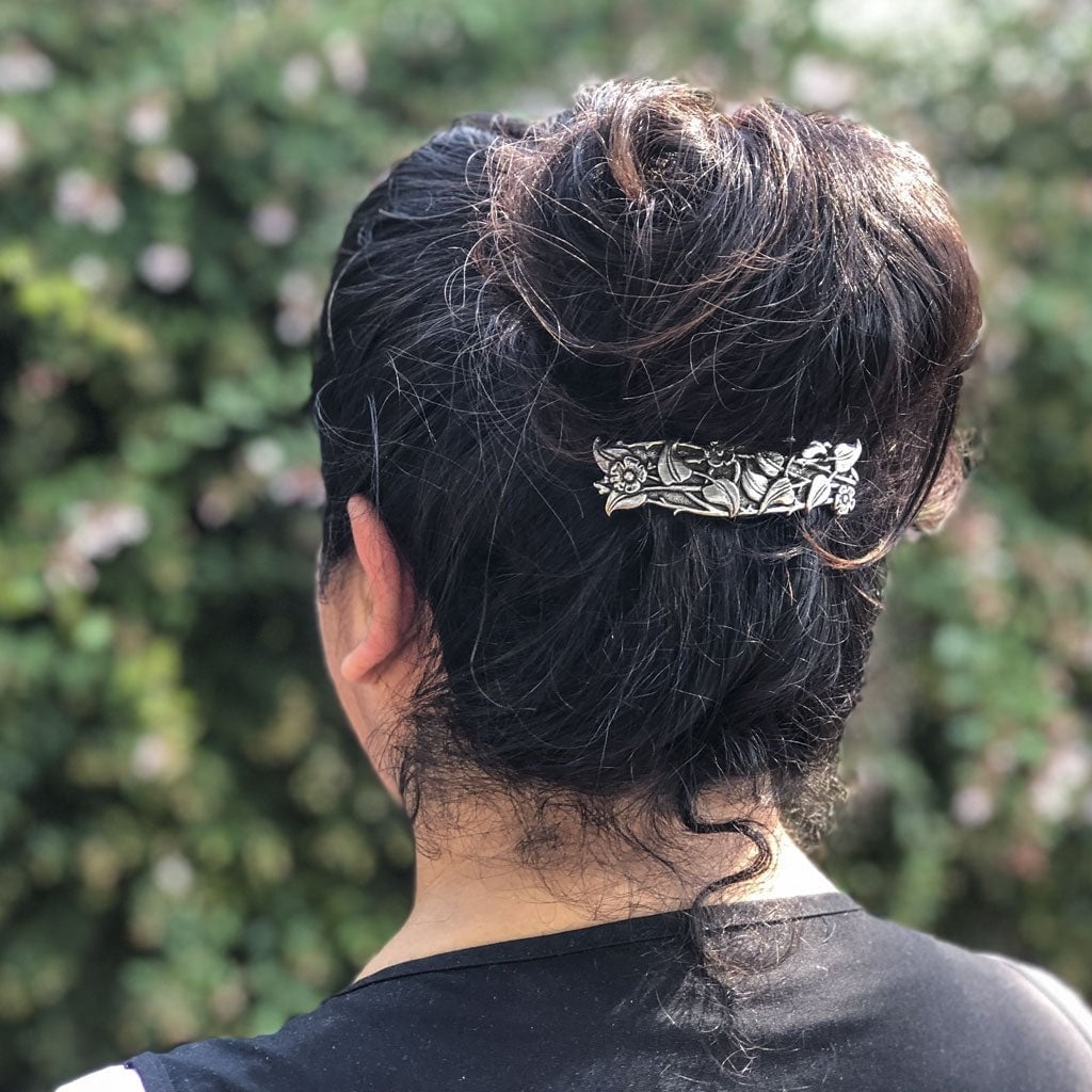 Long Dark Brown Messy Bun Floral Barrette — Barrette Hair Clip Hairstyles 2027