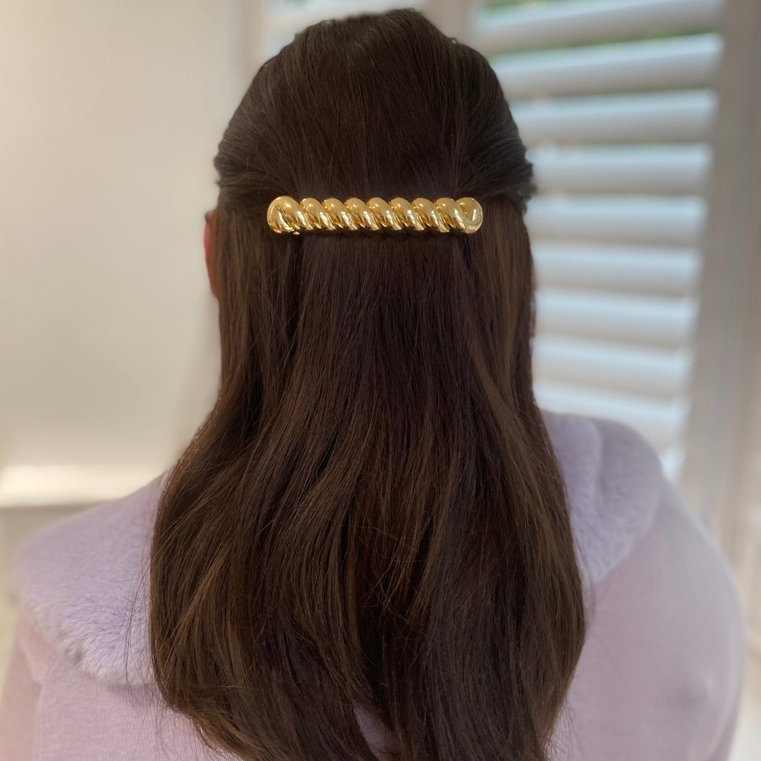 Mid-Back Dark Brown Half Up With Gold Twisted Barrette — Barrette Hair Clip Hairstyles 2027