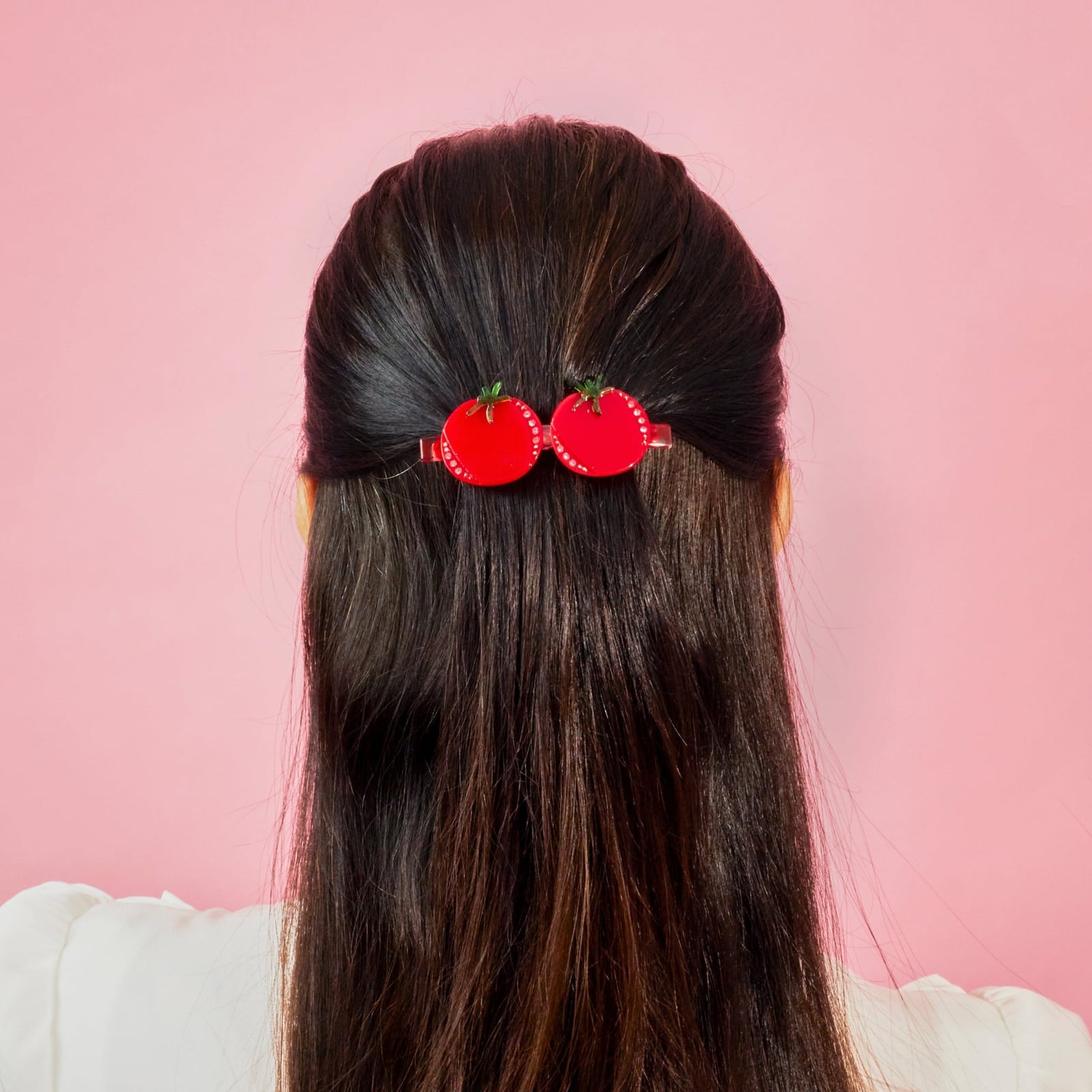 Mid-Back Dark Hair With Tomato Barrette — Barrette Hair Clip Hairstyles 2027