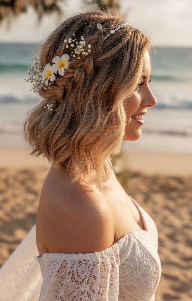 Braided Bob With Crown and Loose Waves Braided Bob With Crown and Loose Waves — Beach Wedding Hairstyles 2027