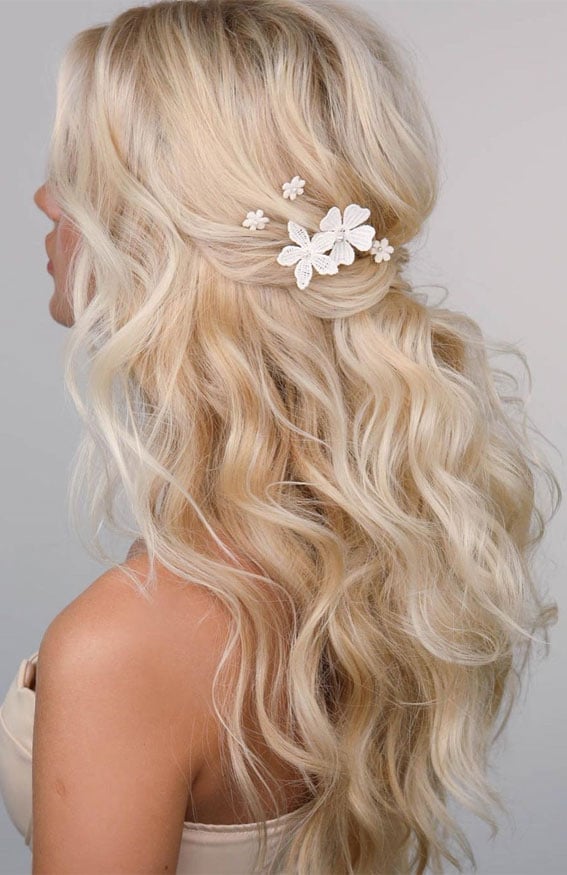 Blonde Half Up Half Down With Floral Accessories Blonde Half Up Half Down With Floral Accessories — Beach Wedding Hairstyles 2027